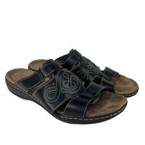 Clark's Swirl Pattern Brown Stitched Black Leather Platform Comfort Sole Sandals